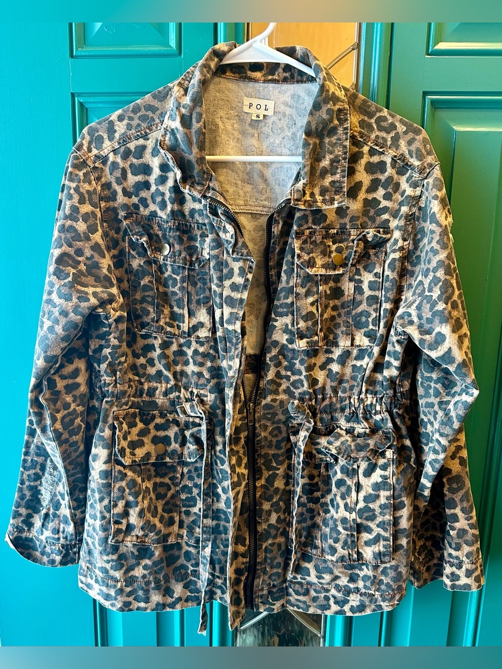 POL Clothing Leopard Print Utility Jacket Cargo Drawstring Waist Boho Size S